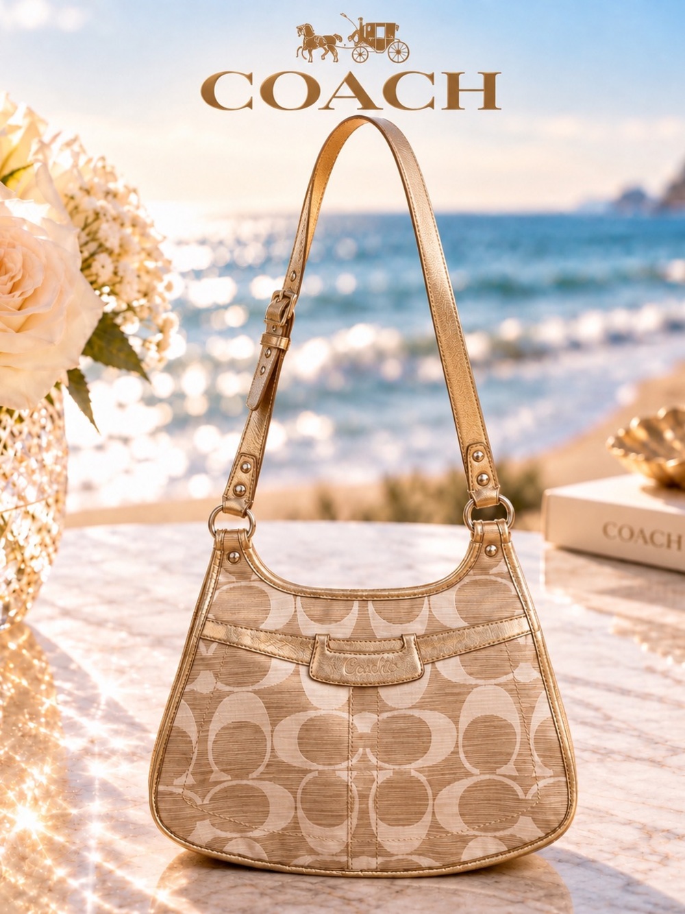 Vintage 2008 Coach Signature C Linen Jacquard Gold Crossbody Shoulder Bag